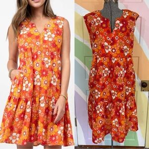 Uncle Frank 100% Cotton Retro Floral Tiered Bohemian Mini Dress Sz XL 🧡🍄